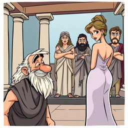 A whimsical cartoon-style poster depicting a scene from a Greek-Latin theater comedy