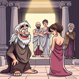 A whimsical cartoon-style poster depicting a scene from a Greek-Latin theater comedy