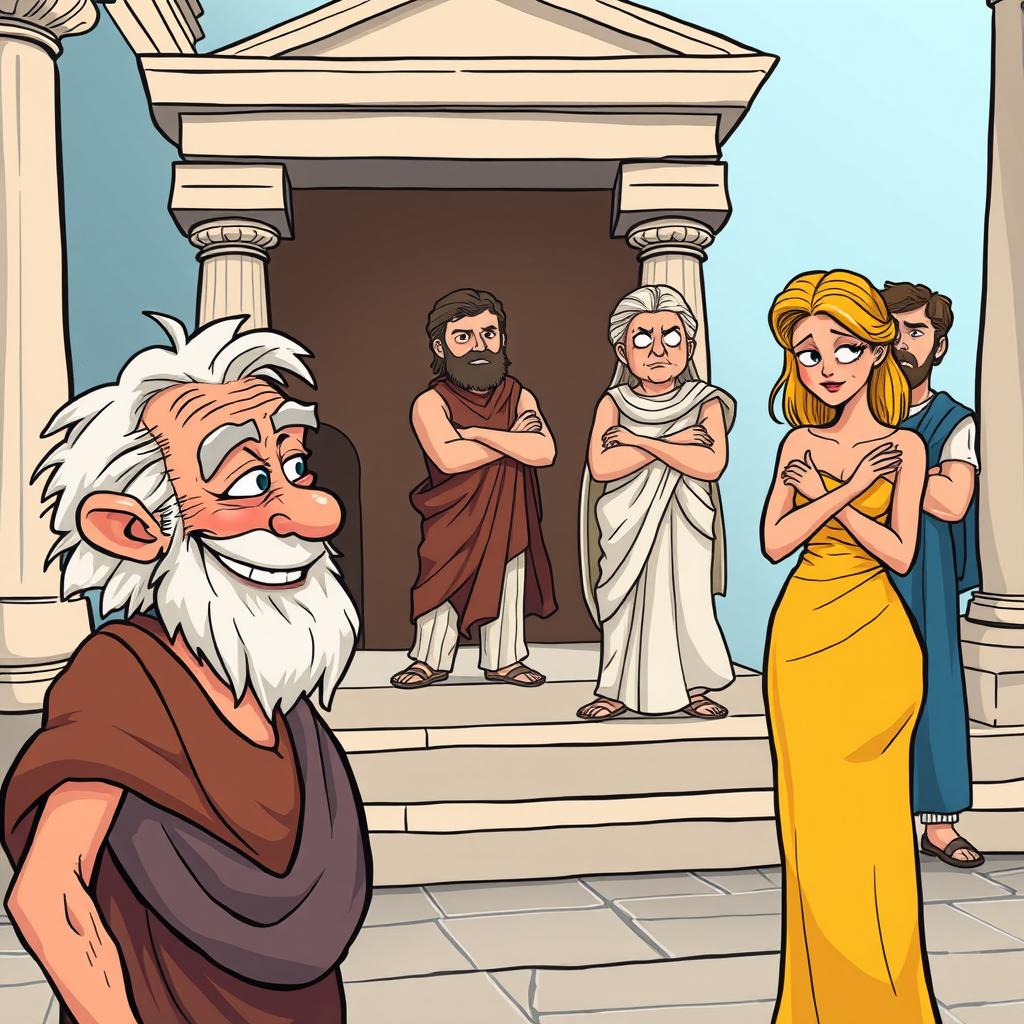 A whimsical cartoon-style poster depicting a scene from a Greek-Latin theater comedy