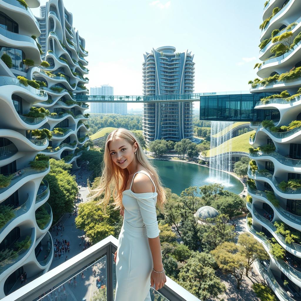 A futuristic, bionic design of high-rise buildings in Kyiv, characterized by facades adorned with flowing lines and balconies filled with lush greenery, where trees thrive