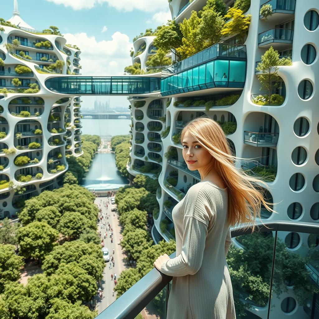 A futuristic, bionic design of high-rise buildings in Kyiv, characterized by facades adorned with flowing lines and balconies filled with lush greenery, where trees thrive