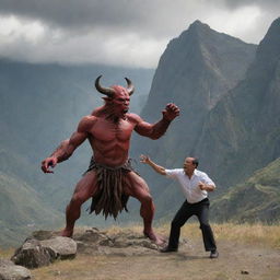 An Ecuadorian man engaged in a dramatic battle with a menacing figure of the devil, set against the backdrop of a rugged mountain landscape