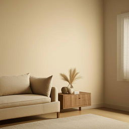 Design a minimalist living room with neutral colors, clean lines, and stylish yet simplistic furniture