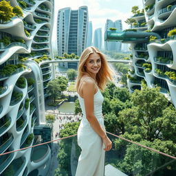 A futuristic, bionic design of high-rise buildings in Kyiv, characterized by facades adorned with flowing lines and balconies filled with lush greenery, where trees thrive