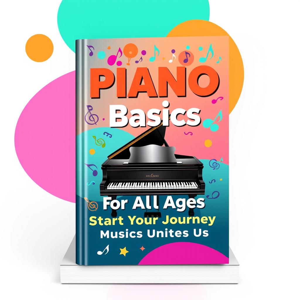 A vibrant and inclusive book cover design for a piano guide aimed at both young and adult beginners