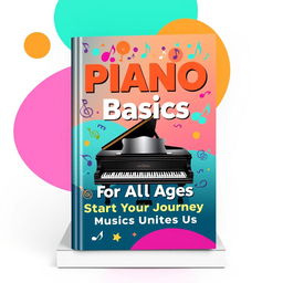 A vibrant and inclusive book cover design for a piano guide aimed at both young and adult beginners