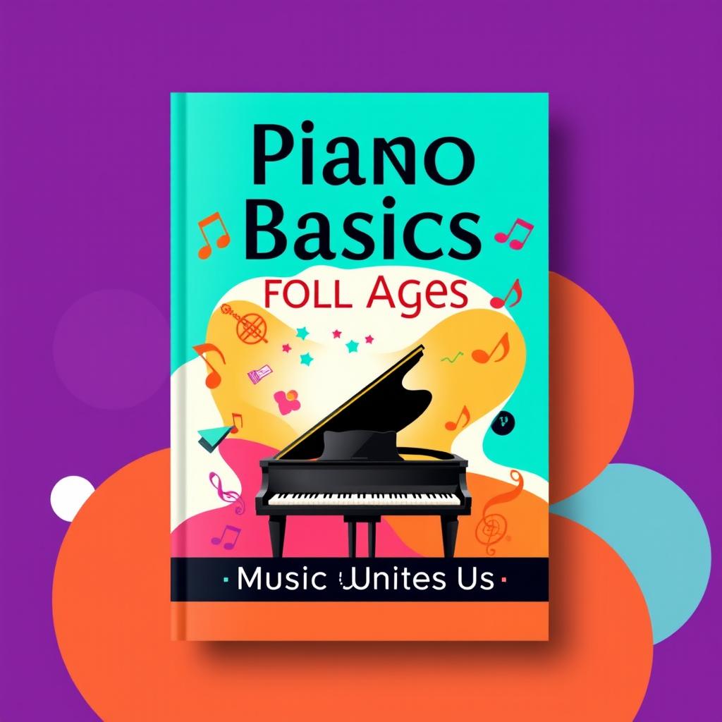 A vibrant and inclusive book cover design for a piano guide aimed at both young and adult beginners