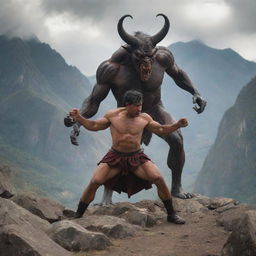 An Ecuadorian man engaged in a dramatic battle with a menacing figure of the devil, set against the backdrop of a rugged mountain landscape