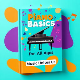 A vibrant and inclusive book cover design for a piano guide aimed at both young and adult beginners