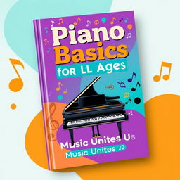 A vibrant and inclusive book cover design for a piano guide aimed at both young and adult beginners