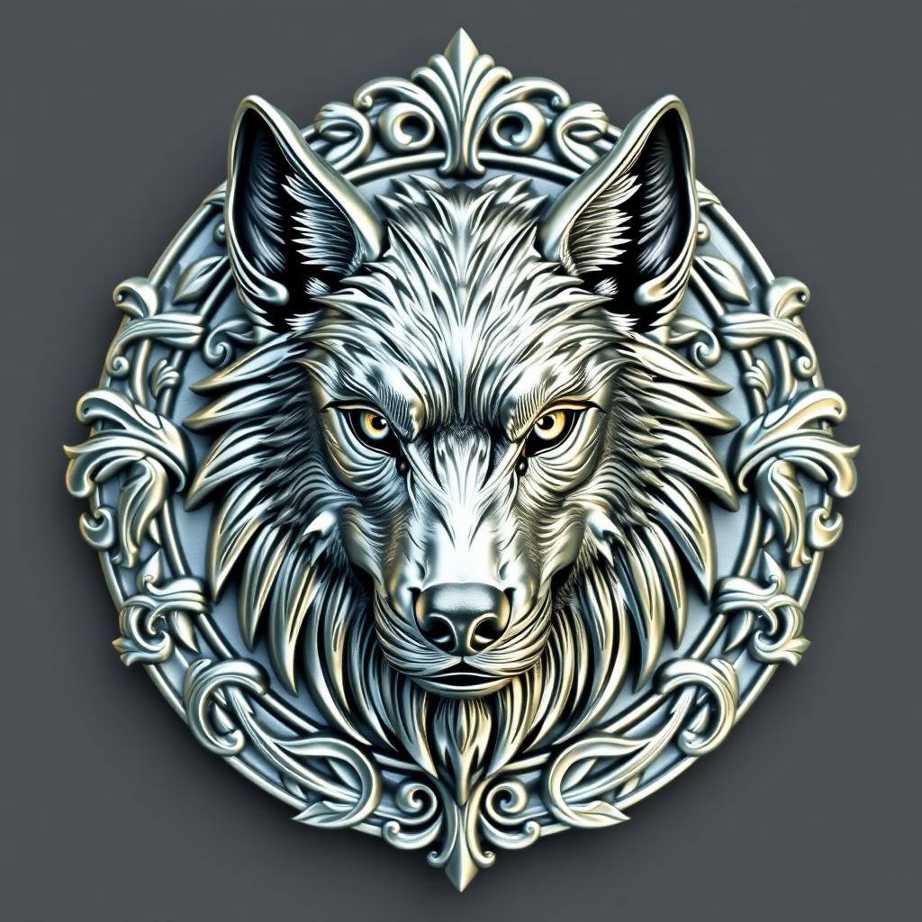 A stunning silver crest featuring a detailed, regal wolf face