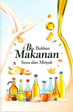 A book cover design for a food science book focusing on dairy and oils, featuring a split background with creamy milk flowing on one side and luxurious golden oil on the other