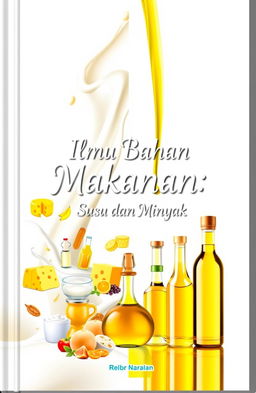 A book cover design for a food science book focusing on dairy and oils, featuring a split background with creamy milk flowing on one side and luxurious golden oil on the other