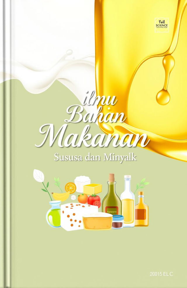 A book cover design for a food science book focusing on dairy and oils, featuring a split background with creamy milk flowing on one side and luxurious golden oil on the other