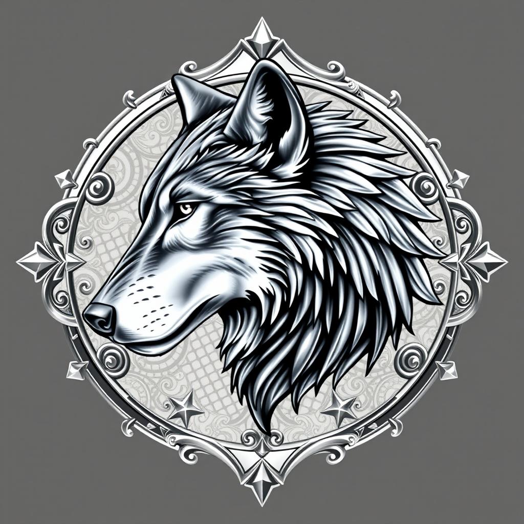 A stunning silver crest featuring a side profile of a detailed, majestic wolf face