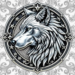 A stunning silver crest featuring a side profile of a detailed, majestic wolf face