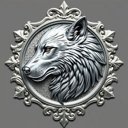 A stunning silver crest featuring a side profile of a detailed, majestic wolf face