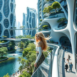 Futuristic bionic design of high-rise buildings with flowing line facades, trees on balconies, and bionic-shaped glass bridges connecting rooftops