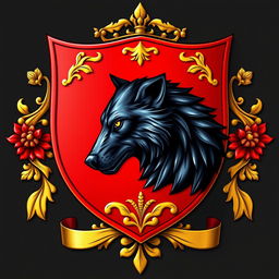 A stunning coat of arms featuring a golden and red color scheme, prominently displaying the side profile of a fierce black wolf