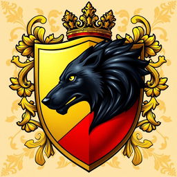 A stunning coat of arms featuring a golden and red color scheme, prominently displaying the side profile of a fierce black wolf