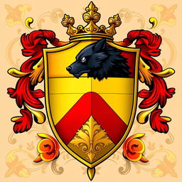 A stunning coat of arms featuring a golden and red color scheme, prominently displaying the side profile of a fierce black wolf