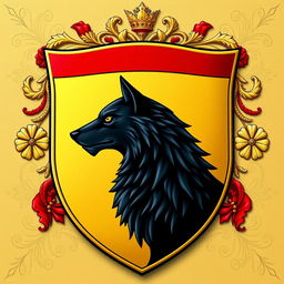 A stunning coat of arms featuring a golden and red color scheme, prominently displaying the side profile of a fierce black wolf