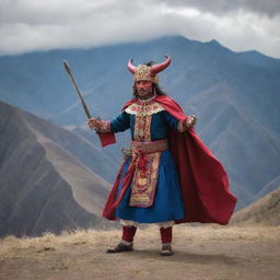 An fearless Ecuadorian in traditional attire in a metaphoric battle with a mythical devil, set against the dramatic backdrop of the Andean mountains.