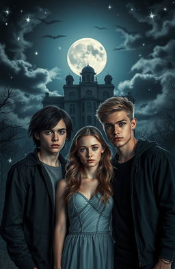 In the foreground, three young adults gather, with a sinister mental institution looming in the background under a full moon