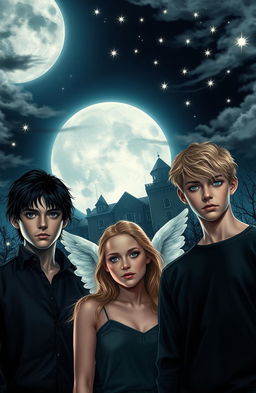 In the foreground, three young adults gather, with a sinister mental institution looming in the background under a full moon