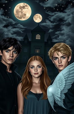 In the foreground, three young adults gather, with a sinister mental institution looming in the background under a full moon