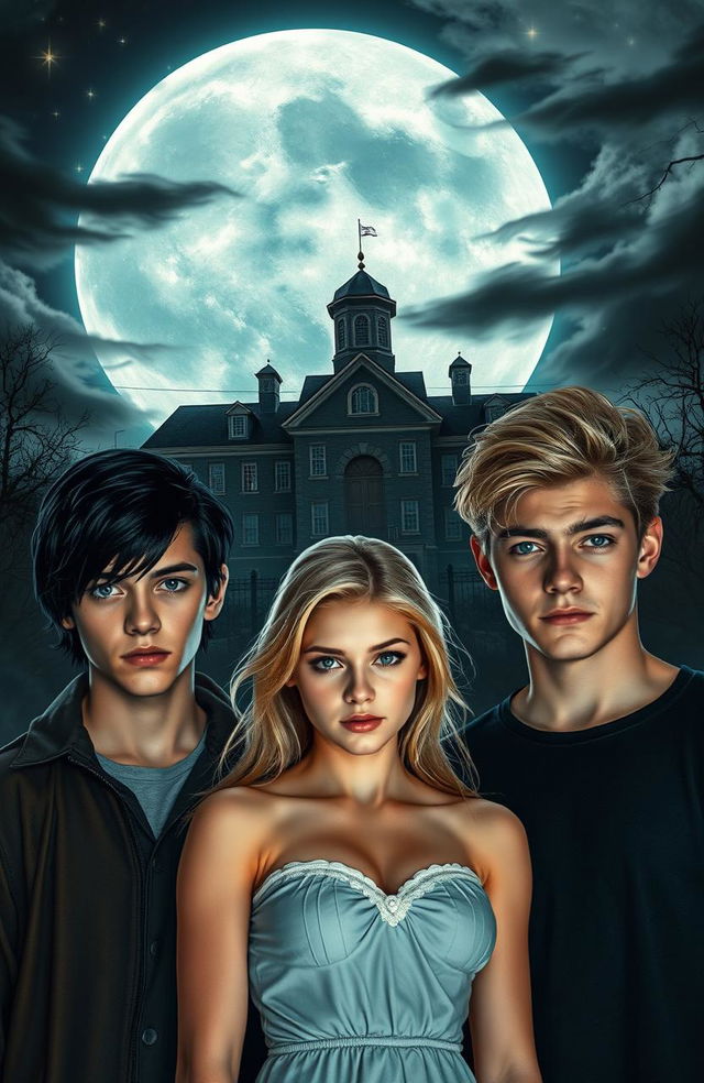 In the foreground, three young adults gather, with a sinister mental institution looming in the background under a full moon