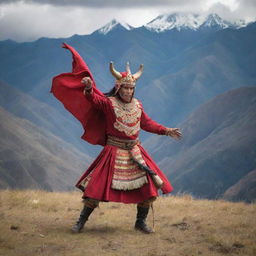 An fearless Ecuadorian in traditional attire in a metaphoric battle with a mythical devil, set against the dramatic backdrop of the Andean mountains.