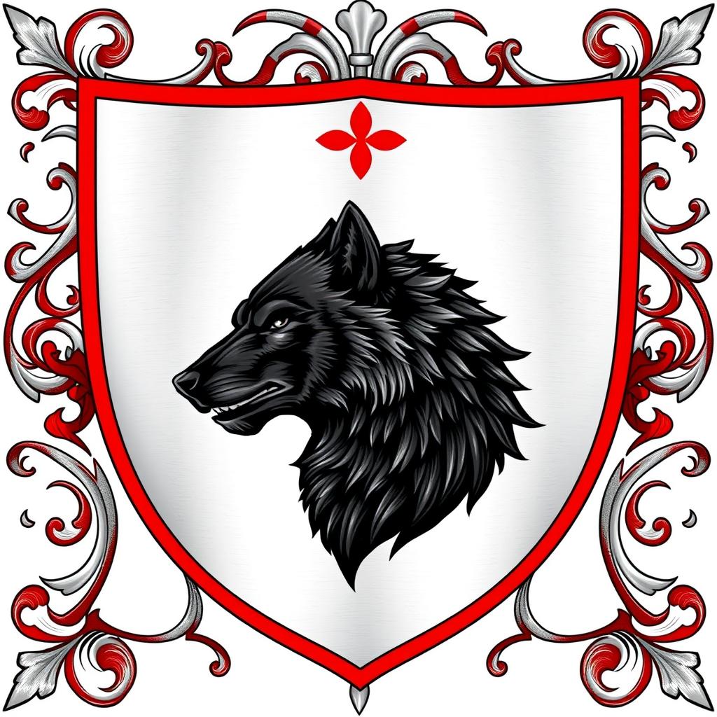 A detailed heraldic coat of arms featuring a silver (plata) shield with a bold red (vermelho) outline