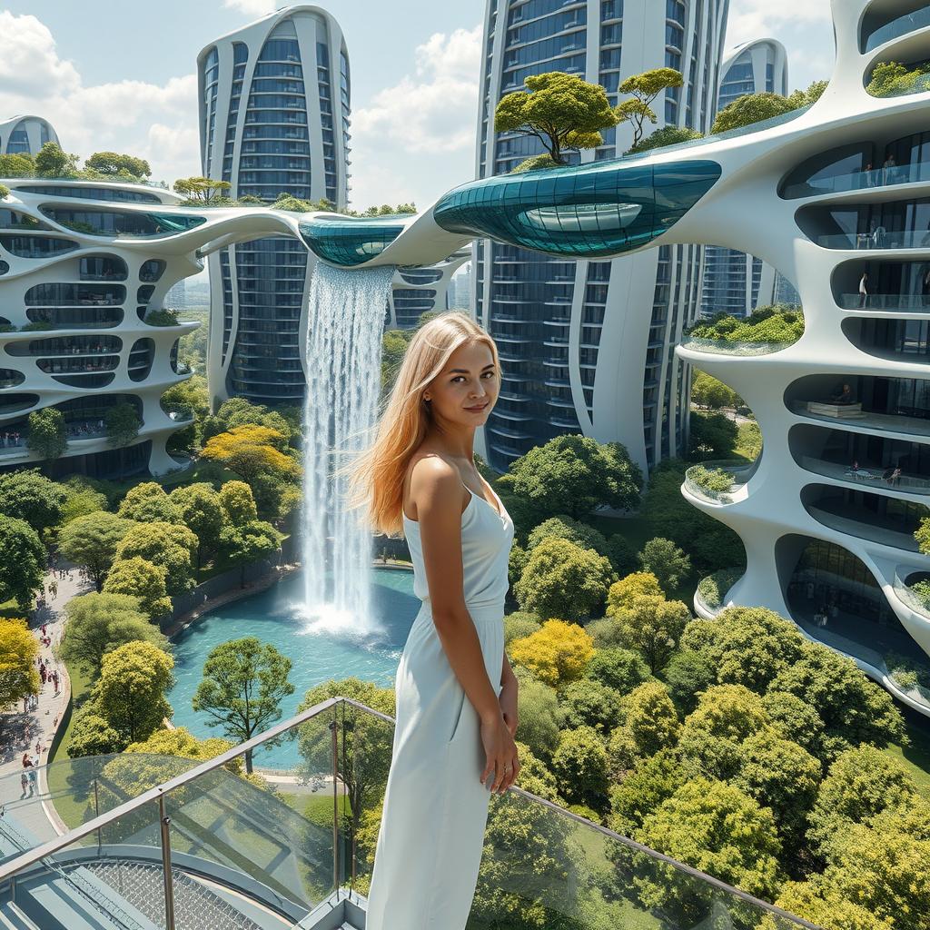 Futuristic bionic design of high-rise buildings featuring flowing line facades, balconies adorned with trees, and interconnected bionic-shaped glass bridges on the rooftops