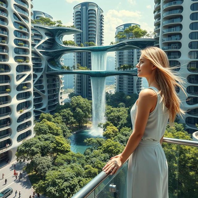 Futuristic bionic design of high-rise buildings featuring flowing line facades, balconies adorned with trees, and interconnected bionic-shaped glass bridges on the rooftops