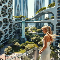 Futuristic bionic design of high-rise buildings featuring flowing line facades, balconies adorned with trees, and interconnected bionic-shaped glass bridges on the rooftops