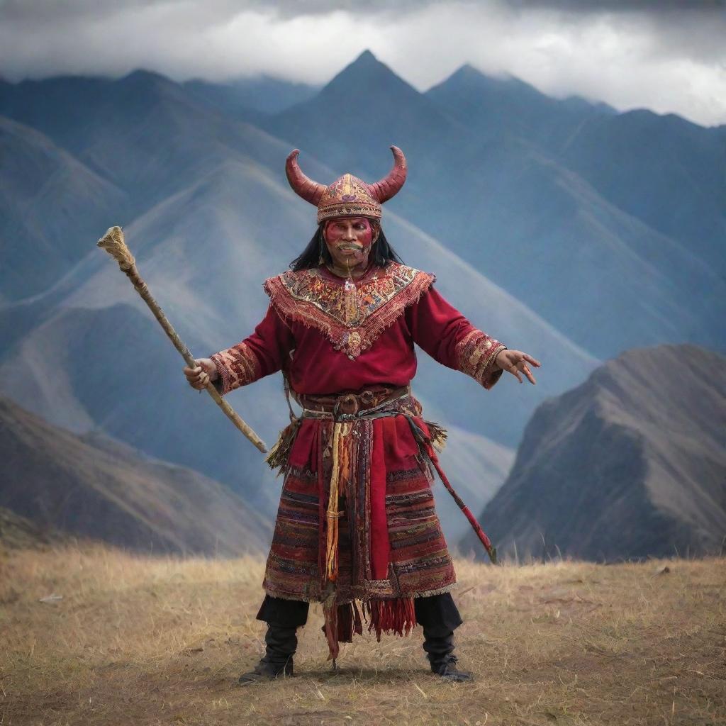 An fearless Ecuadorian in traditional attire in a metaphoric battle with a mythical devil, set against the dramatic backdrop of the Andean mountains.