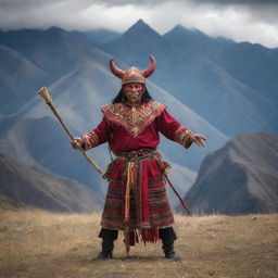 An fearless Ecuadorian in traditional attire in a metaphoric battle with a mythical devil, set against the dramatic backdrop of the Andean mountains.