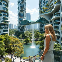 Futuristic bionic design of high-rise buildings featuring flowing line facades, balconies adorned with trees, and interconnected bionic-shaped glass bridges on the rooftops