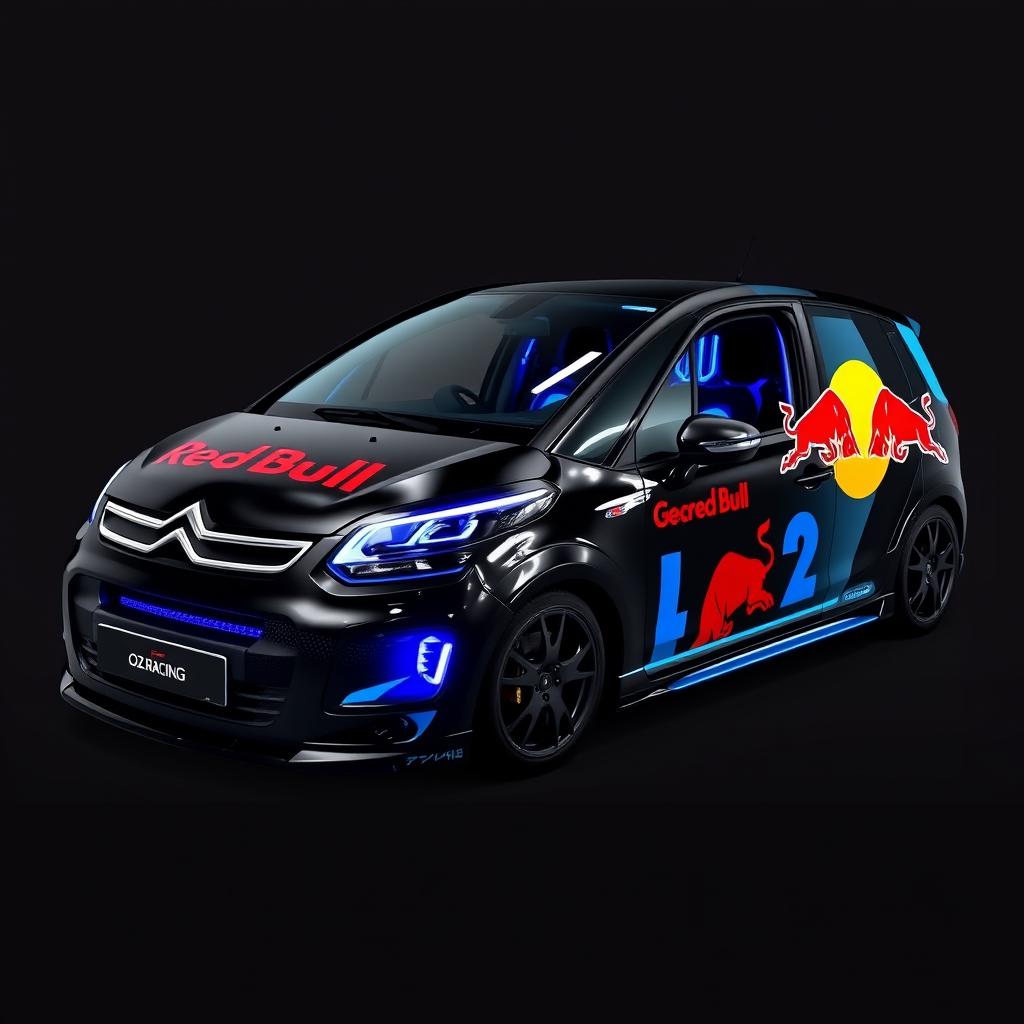 A stylish Citroën C3 Picasso in a sleek black color adorned with striking blue accents and eye-catching Red Bull graphics