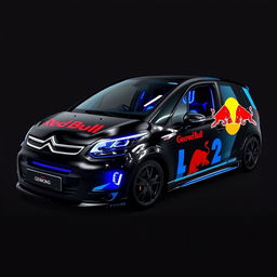 A stylish Citroën C3 Picasso in a sleek black color adorned with striking blue accents and eye-catching Red Bull graphics