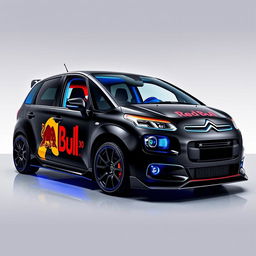 A stylish Citroën C3 Picasso in a sleek black color adorned with striking blue accents and eye-catching Red Bull graphics