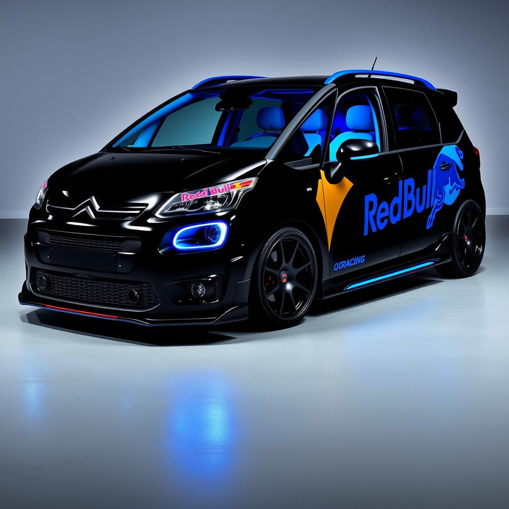 A stylish Citroën C3 Picasso in a sleek black color adorned with striking blue accents and eye-catching Red Bull graphics