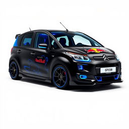 A stylish Citroën C3 Picasso in a sleek black color adorned with striking blue accents and eye-catching Red Bull graphics