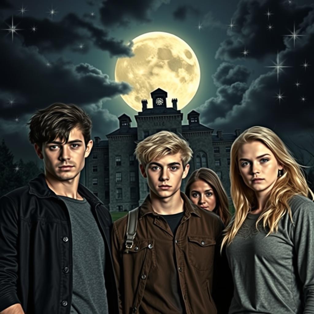 In the foreground, three young adults stand together, with a sinister mental institution ominously towering in the background beneath a full moon