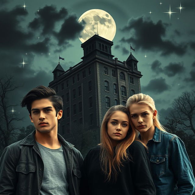 In the foreground, three young adults stand together, with a sinister mental institution ominously towering in the background beneath a full moon