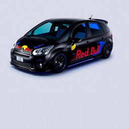 A 2012 Citroën C3 Picasso finished in a sleek black color with vibrant blue accents and bold Red Bull graphics adorning the exterior