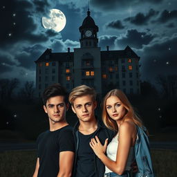 In the foreground, three young adults stand together, with a sinister mental institution ominously towering in the background beneath a full moon