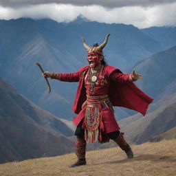 An fearless Ecuadorian in traditional attire in a metaphoric battle with a mythical devil, set against the dramatic backdrop of the Andean mountains.