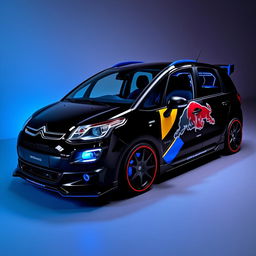 A 2012 Citroën C3 Picasso finished in a sleek black color with vibrant blue accents and bold Red Bull graphics adorning the exterior